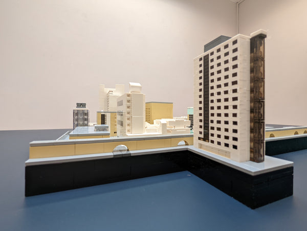 An image of Manchester University UMIST Campus built entirely in LEGO by Tony Bolton on display  at the modernist, 58 Port Street, Manchester.